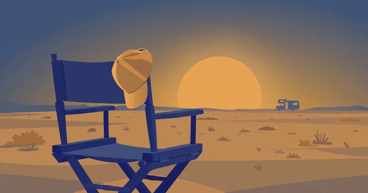 Conceptual flat-vector memorial illustration — an empty director's chair draped with a folded cap, facing a desert sunset behind a camper silhouette, in muted blue and amber tones; symbolic artwork, not a photograph