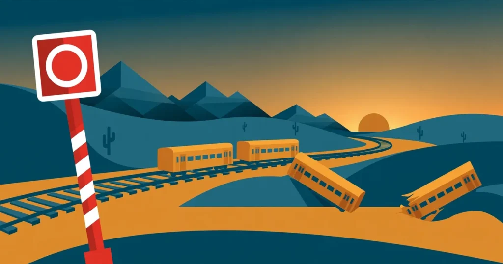 Conceptual flat-vector illustration of train coaches on curving tracks through a desert landscape at dusk, with a red-and-white railway warning signal — symbolic artwork, not a photograph