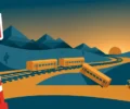 Conceptual flat-vector illustration of train coaches on curving tracks through a desert landscape at dusk, with a red-and-white railway warning signal — symbolic artwork, not a photograph