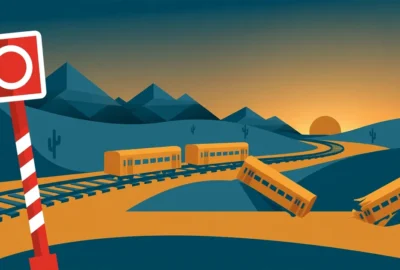 Conceptual flat-vector illustration of train coaches on curving tracks through a desert landscape at dusk, with a red-and-white railway warning signal — symbolic artwork, not a photograph