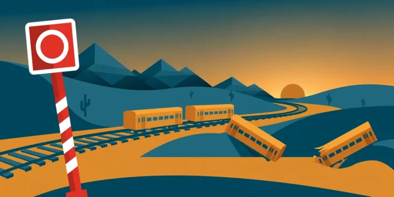 Conceptual flat-vector illustration of train coaches on curving tracks through a desert landscape at dusk, with a red-and-white railway warning signal — symbolic artwork, not a photograph