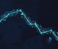Conceptual flat-vector illustration of a falling stock-market chart line woven with glowing AI circuit nodes and a cracked shield emblem on a dark navy background — symbolic artwork, not a photograph