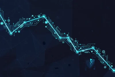 Conceptual flat-vector illustration of a falling stock-market chart line woven with glowing AI circuit nodes and a cracked shield emblem on a dark navy background — symbolic artwork, not a photograph