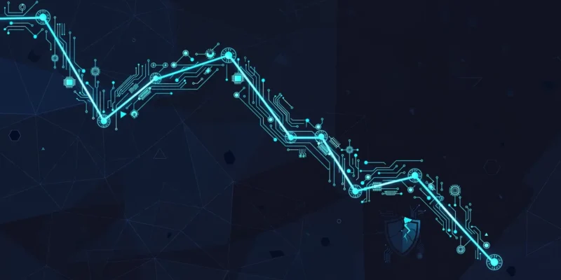 Conceptual flat-vector illustration of a falling stock-market chart line woven with glowing AI circuit nodes and a cracked shield emblem on a dark navy background — symbolic artwork, not a photograph