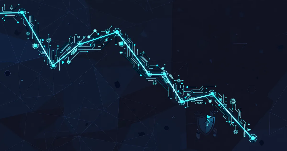 Conceptual flat-vector illustration of a falling stock-market chart line woven with glowing AI circuit nodes and a cracked shield emblem on a dark navy background — symbolic artwork, not a photograph