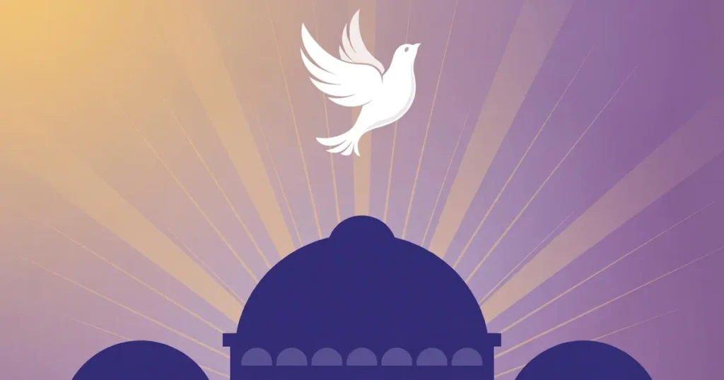 Conceptual editorial illustration of a white dove rising above a stylised basilica dome at dawn in warm gold and violet tones — symbolic flat-vector artwork, not a photograph