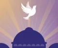 Conceptual editorial illustration of a white dove rising above a stylised basilica dome at dawn in warm gold and violet tones — symbolic flat-vector artwork, not a photograph