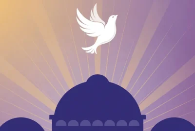 Conceptual editorial illustration of a white dove rising above a stylised basilica dome at dawn in warm gold and violet tones — symbolic flat-vector artwork, not a photograph