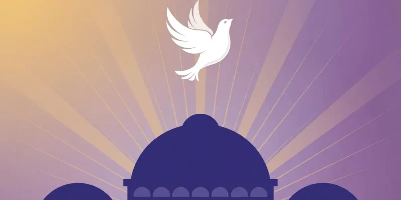 Conceptual editorial illustration of a white dove rising above a stylised basilica dome at dawn in warm gold and violet tones — symbolic flat-vector artwork, not a photograph