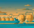 Conceptual flat-vector illustration of an LNG carrier ship at a gas terminal with storage tanks and pipelines at dusk, in stylized teal and amber tones — symbolic artwork, not a photograph