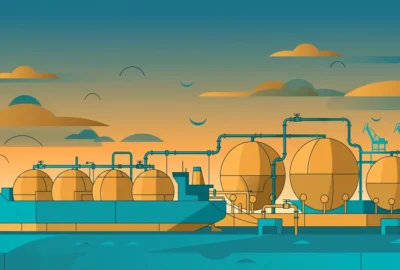 Conceptual flat-vector illustration of an LNG carrier ship at a gas terminal with storage tanks and pipelines at dusk, in stylized teal and amber tones — symbolic artwork, not a photograph