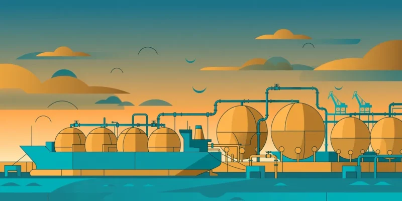 Conceptual flat-vector illustration of an LNG carrier ship at a gas terminal with storage tanks and pipelines at dusk, in stylized teal and amber tones — symbolic artwork, not a photograph