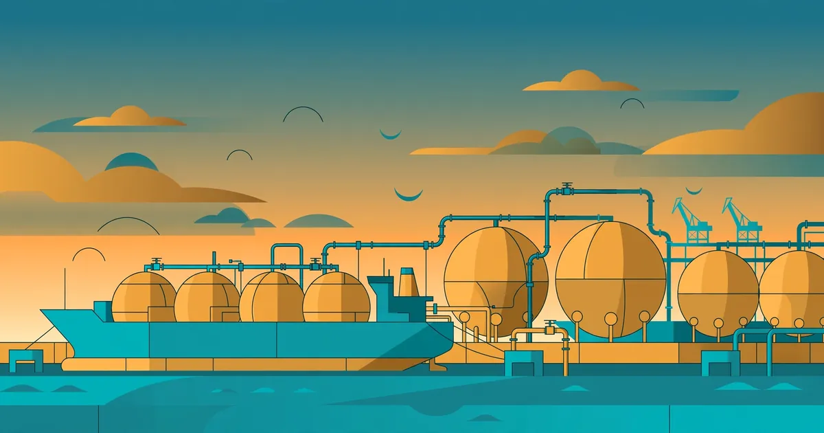 Conceptual flat-vector illustration of an LNG carrier ship at a gas terminal with storage tanks and pipelines at dusk, in stylized teal and amber tones — symbolic artwork, not a photograph