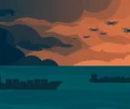 Conceptual editorial illustration of two cargo ships on a dark teal night sea under a stormy burnt-orange sky crossed by drone silhouettes — flat vector artwork, not a photograph
