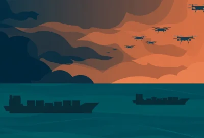 Conceptual editorial illustration of two cargo ships on a dark teal night sea under a stormy burnt-orange sky crossed by drone silhouettes — flat vector artwork, not a photograph