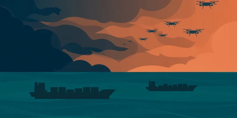 Conceptual editorial illustration of two cargo ships on a dark teal night sea under a stormy burnt-orange sky crossed by drone silhouettes — flat vector artwork, not a photograph