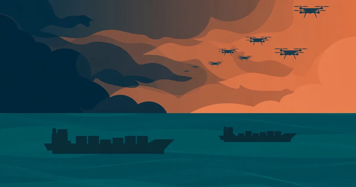 Conceptual editorial illustration of two cargo ships on a dark teal night sea under a stormy burnt-orange sky crossed by drone silhouettes — flat vector artwork, not a photograph