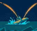 Stylised editorial illustration of a submarine surfacing in a dark teal sea at dusk with two missile trails arcing upward over waves — flat vector artwork, not a photograph.