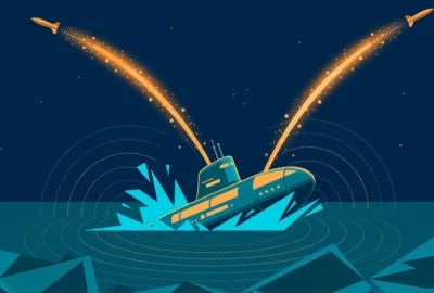 Stylised editorial illustration of a submarine surfacing in a dark teal sea at dusk with two missile trails arcing upward over waves — flat vector artwork, not a photograph.