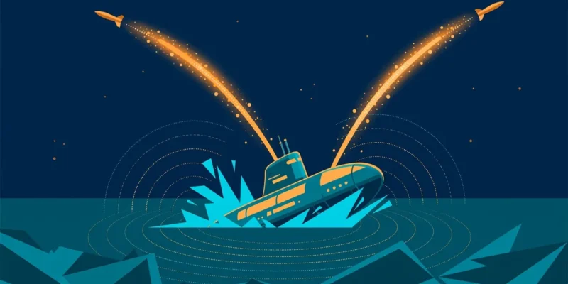 Stylised editorial illustration of a submarine surfacing in a dark teal sea at dusk with two missile trails arcing upward over waves — flat vector artwork, not a photograph.