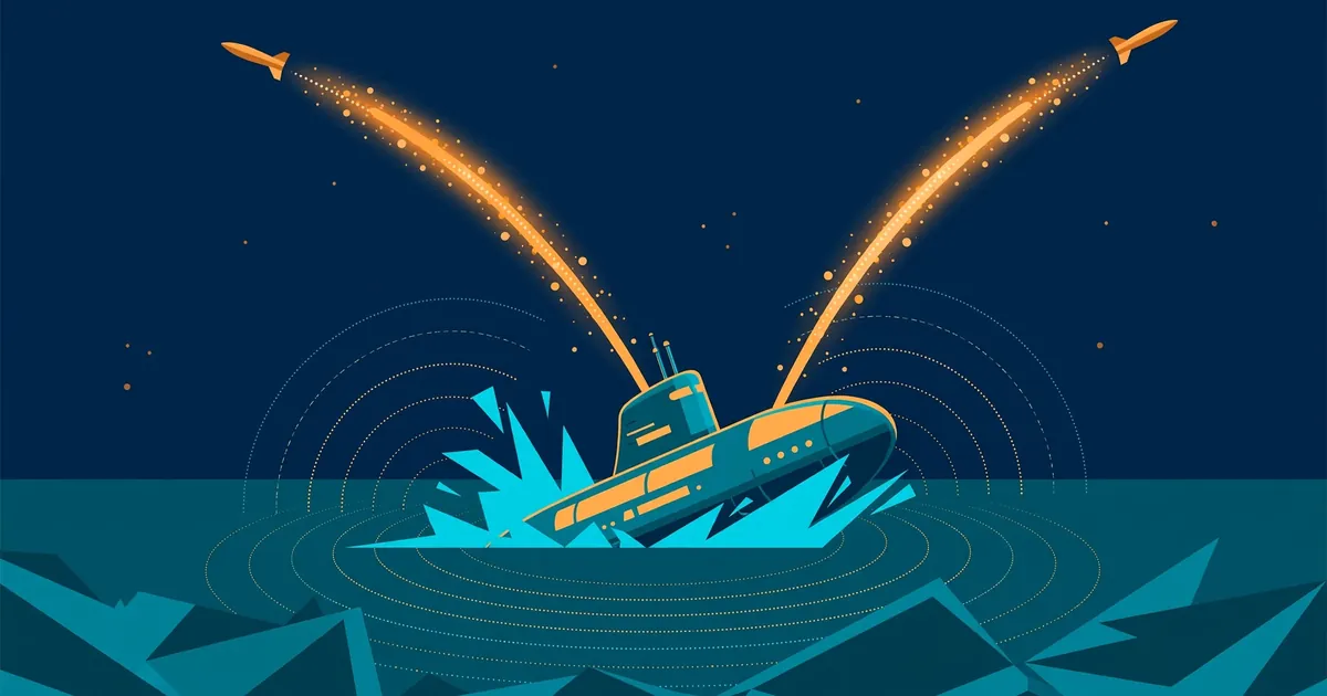 Stylised editorial illustration of a submarine surfacing in a dark teal sea at dusk with two missile trails arcing upward over waves — flat vector artwork, not a photograph.