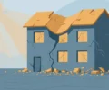 Stylised flat-vector editorial illustration of a cracked two-storey school building with a sagging roof and scattered rubble — clearly artwork, not a photograph