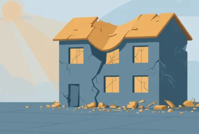 Stylised flat-vector editorial illustration of a cracked two-storey school building with a sagging roof and scattered rubble — clearly artwork, not a photograph