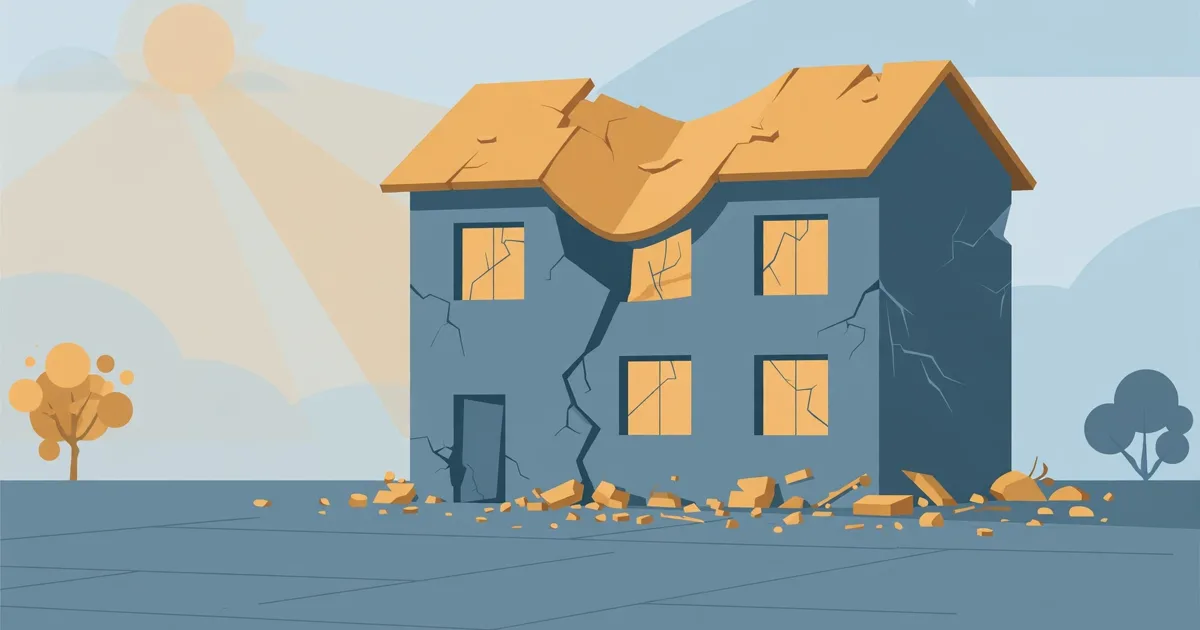 Stylised flat-vector editorial illustration of a cracked two-storey school building with a sagging roof and scattered rubble — clearly artwork, not a photograph
