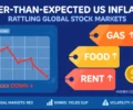 Flat-vector editorial illustration of a falling stock-market chart beside rising price tags for gas, food and rent, with dollar coins — clearly artwork, not a photograph