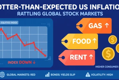 Flat-vector editorial illustration of a falling stock-market chart beside rising price tags for gas, food and rent, with dollar coins — clearly artwork, not a photograph