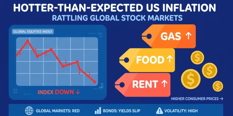 Flat-vector editorial illustration of a falling stock-market chart beside rising price tags for gas, food and rent, with dollar coins — clearly artwork, not a photograph