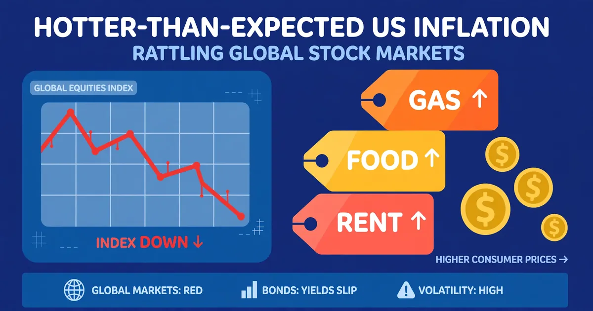 Flat-vector editorial illustration of a falling stock-market chart beside rising price tags for gas, food and rent, with dollar coins — clearly artwork, not a photograph
