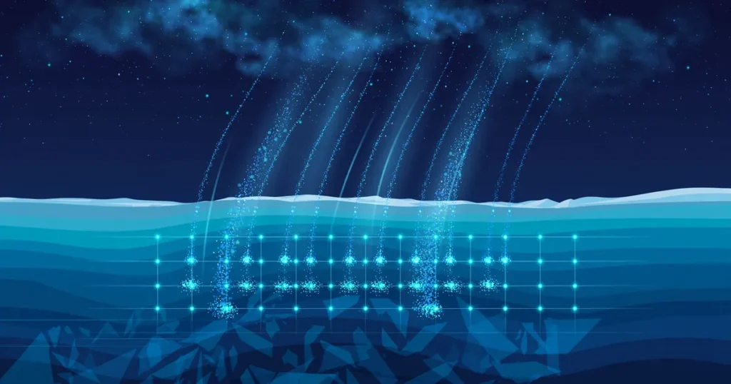 Conceptual illustration of glowing neutrino particles streaming from deep space into the IceCube Neutrino Observatory's sensor grid buried in Antarctic ice