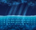Conceptual illustration of glowing neutrino particles streaming from deep space into the IceCube Neutrino Observatory's sensor grid buried in Antarctic ice