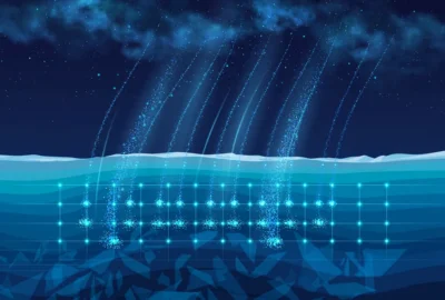 Conceptual illustration of glowing neutrino particles streaming from deep space into the IceCube Neutrino Observatory's sensor grid buried in Antarctic ice