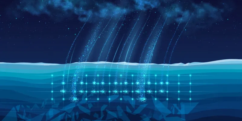 Conceptual illustration of glowing neutrino particles streaming from deep space into the IceCube Neutrino Observatory's sensor grid buried in Antarctic ice