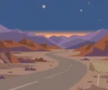 Flat-vector editorial illustration of an empty desert highway winding through mountains at dusk under a starry sky — clearly artwork, not a photograph