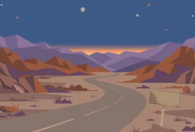 Flat-vector editorial illustration of an empty desert highway winding through mountains at dusk under a starry sky — clearly artwork, not a photograph