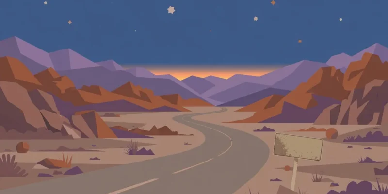 Flat-vector editorial illustration of an empty desert highway winding through mountains at dusk under a starry sky — clearly artwork, not a photograph
