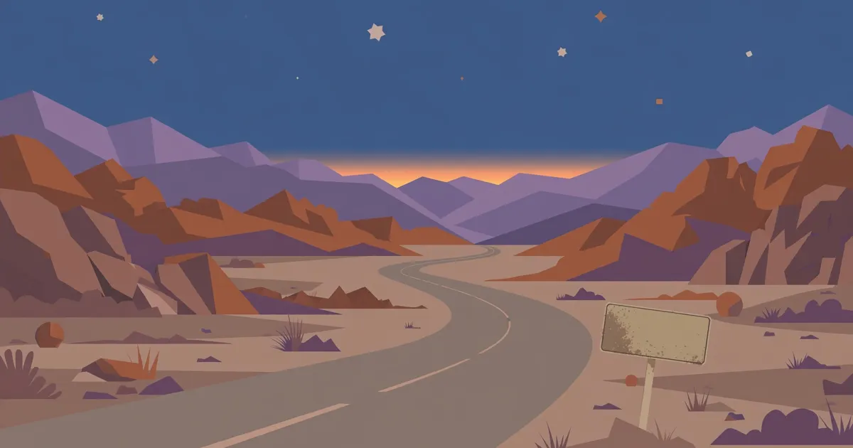 Flat-vector editorial illustration of an empty desert highway winding through mountains at dusk under a starry sky — clearly artwork, not a photograph