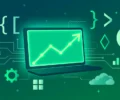 Flat-vector illustration of a glowing laptop with a rising growth chart, surrounded by code brackets and circuit lines — clearly artwork, not a photograph