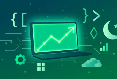 Flat-vector illustration of a glowing laptop with a rising growth chart, surrounded by code brackets and circuit lines — clearly artwork, not a photograph