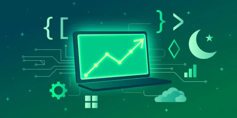 Flat-vector illustration of a glowing laptop with a rising growth chart, surrounded by code brackets and circuit lines — clearly artwork, not a photograph