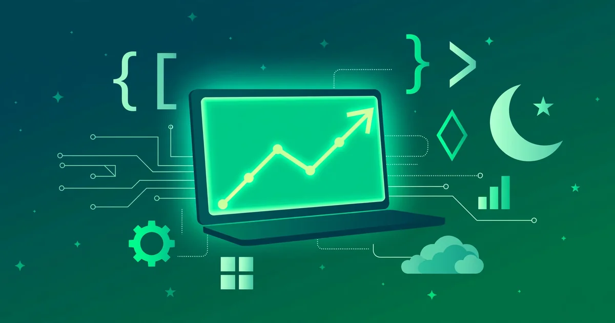 Flat-vector illustration of a glowing laptop with a rising growth chart, surrounded by code brackets and circuit lines — clearly artwork, not a photograph