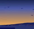 Illustration: stylised night scene of an airport control tower and radar dome with abstract drone silhouettes in an amber sky
