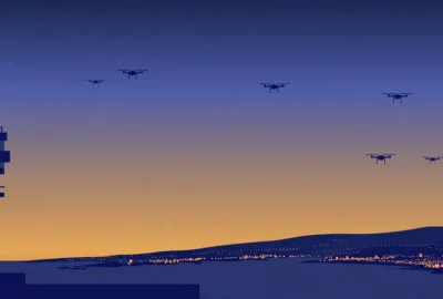 Illustration: stylised night scene of an airport control tower and radar dome with abstract drone silhouettes in an amber sky
