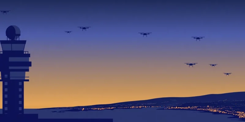 Illustration: stylised night scene of an airport control tower and radar dome with abstract drone silhouettes in an amber sky