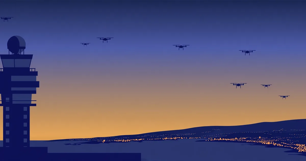 Illustration: stylised night scene of an airport control tower and radar dome with abstract drone silhouettes in an amber sky