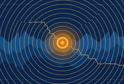 Illustration: seismic wave rings radiating over stylised Himalayan ridges in navy and gold