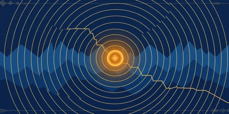 Illustration: seismic wave rings radiating over stylised Himalayan ridges in navy and gold